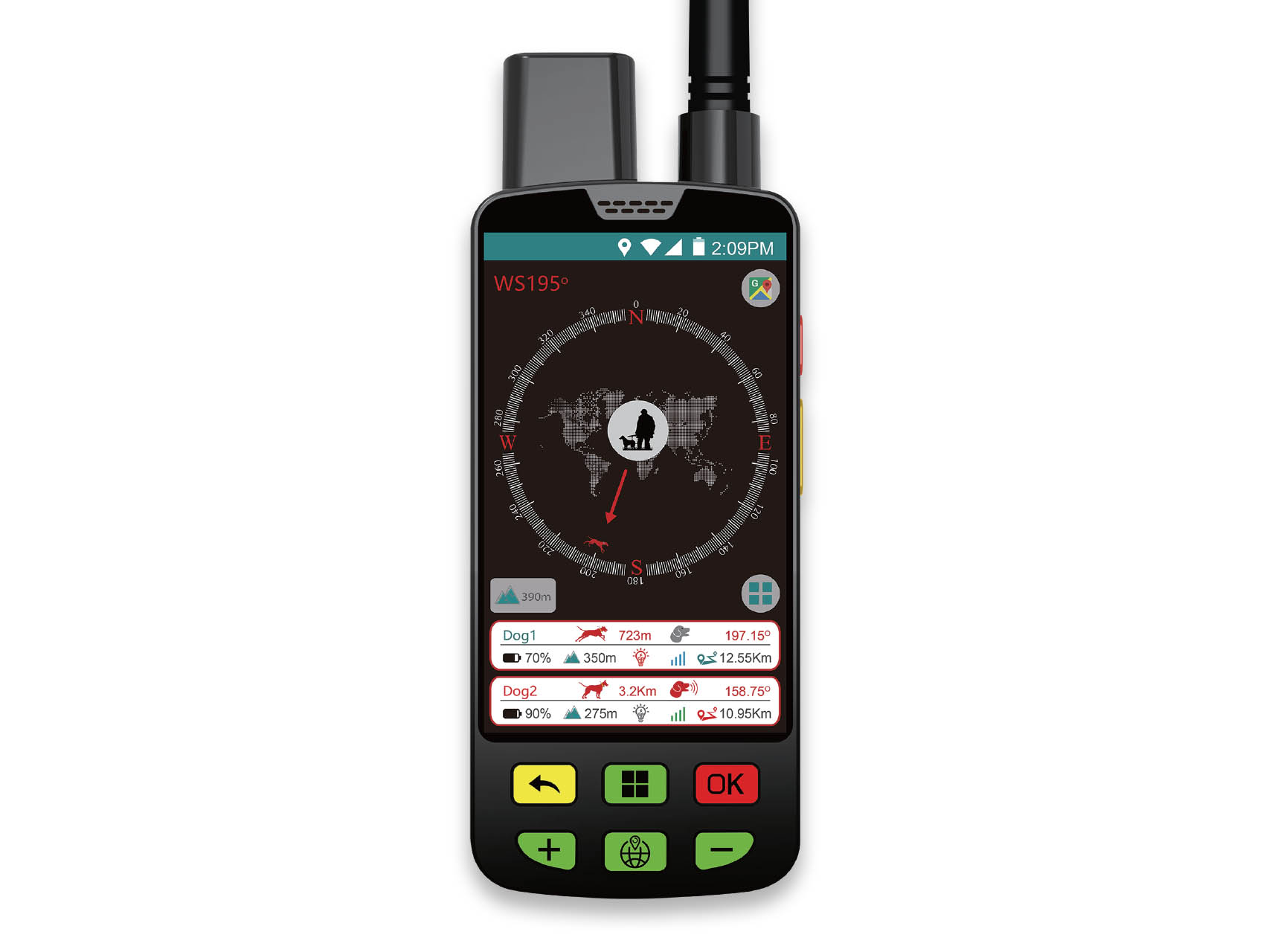 Handheld tracker device showing an Electronic Compass